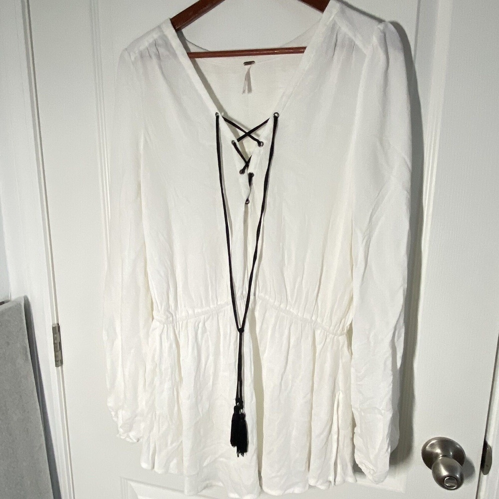 Free People Womens White Long Sleeve Drawstring Waist Peasant Blouse Top Medium